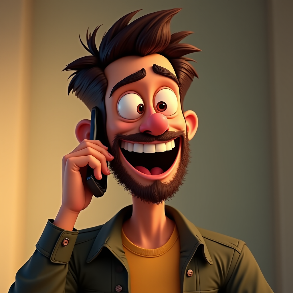 A cartoon man with exaggerated features happily chats on the phone, displaying a wide smile and excited expression.