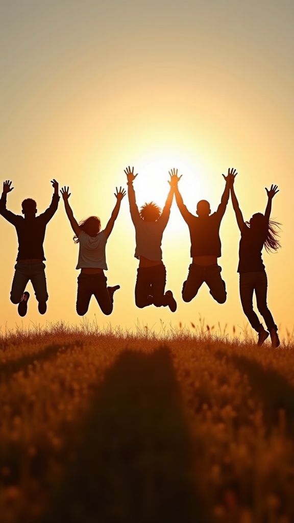 A group of five people are jumping in the air, silhouetted against a vibrant sunset.