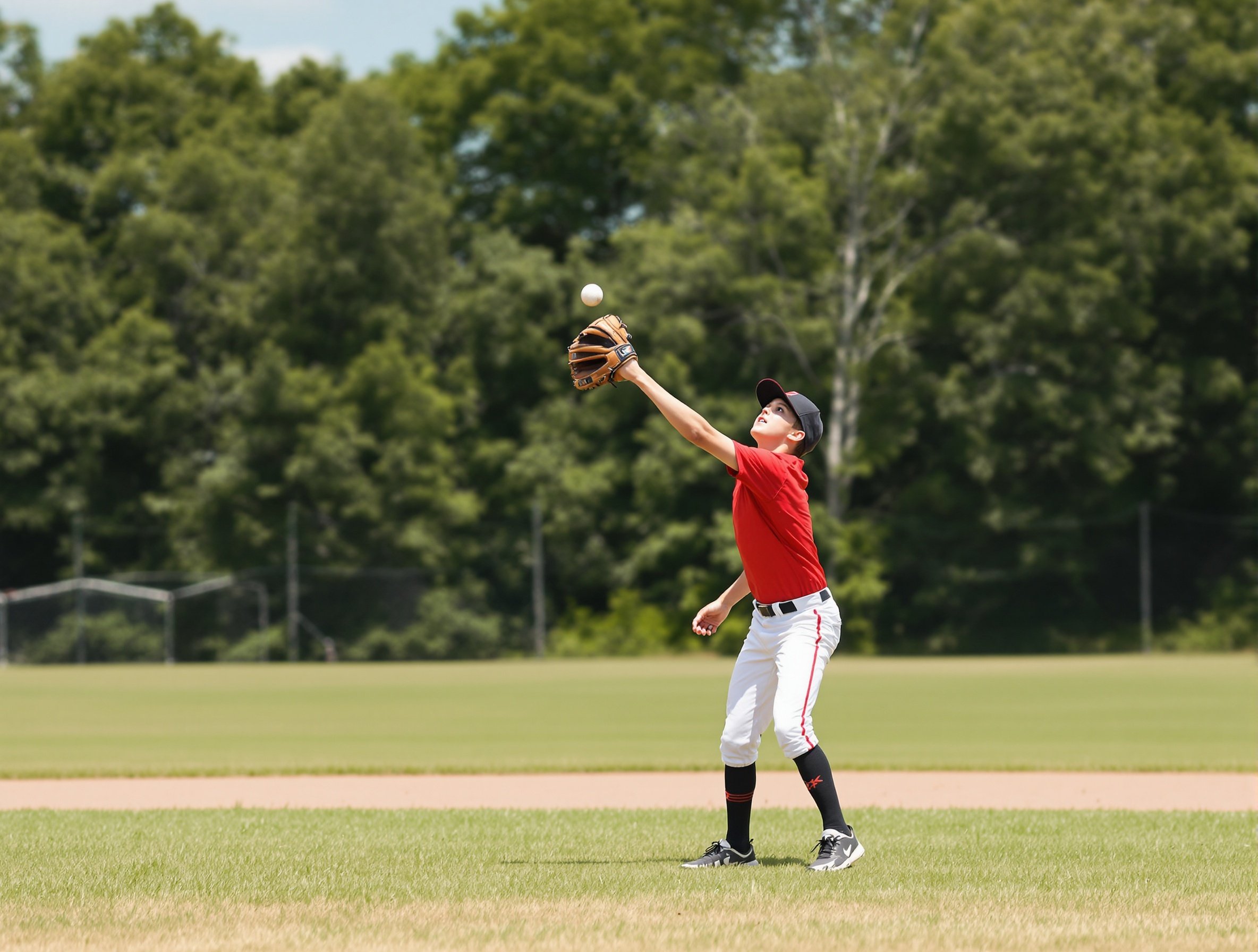 A teen boy catches a baseball in the outfield using a baseball mitt. He wears a sporty red shirt, white pants, and black socks. The background features a grassy field and trees. The action captures the moment of catching with outstretched arms.