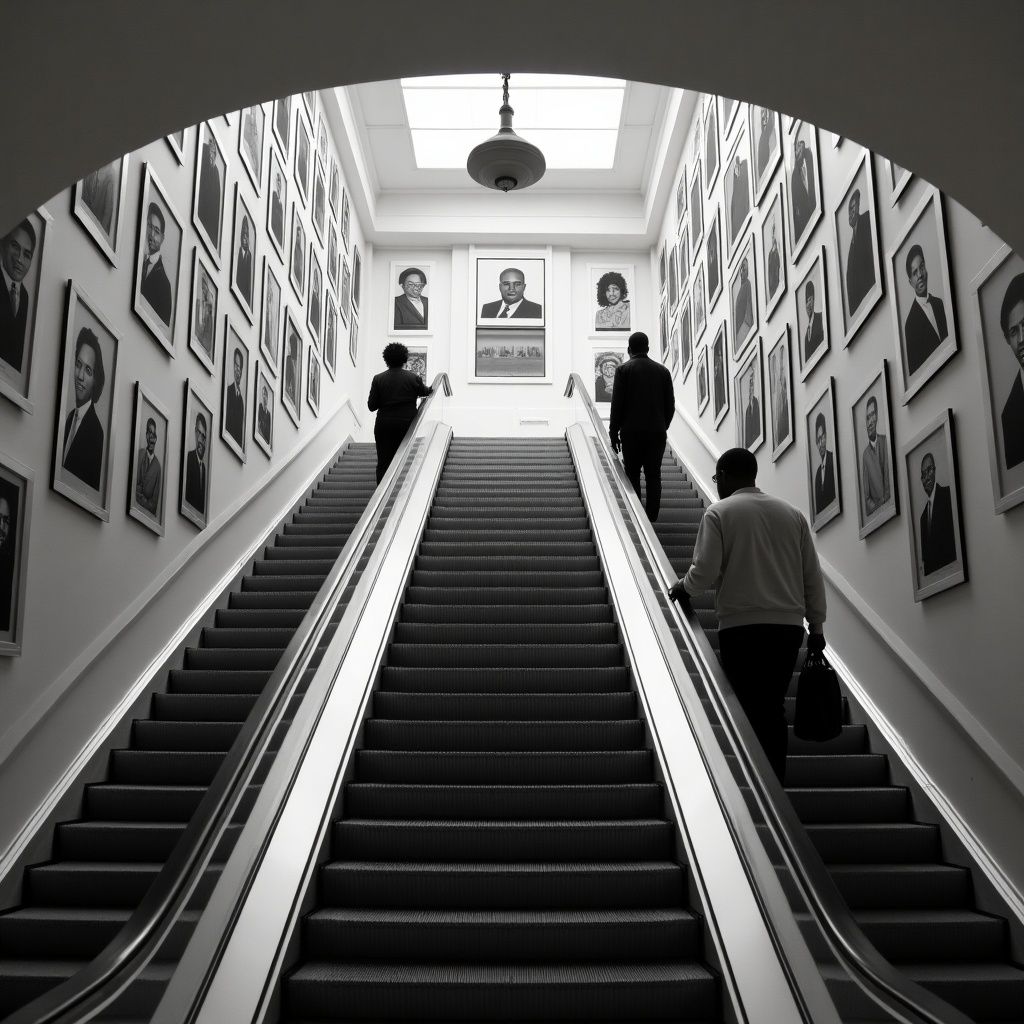 The image captures individuals descending escalators into an elegant room. This room features floor-to-ceiling black and white photographs of African American graduates. The atmosphere is both historic and contemporary, showcasing the achievements of these individuals. Natural light filters down, enhancing the sophistication of the space. The layout and design invite reflection on education and cultural heritage.