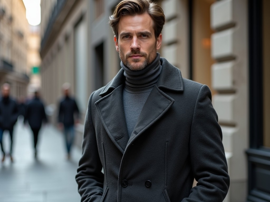 A man is confidently standing in a sophisticated urban environment, wearing an elegant, tailored overcoat. The coat is made from high-quality wool and features a classic design with clean lines. The texture and fine stitching are highlighted in the soft, natural lighting, enhancing the coat's luxurious feel. The neutral background emphasizes the garment, making it the focal point of the image. This setting is perfect for showcasing contemporary men's style in a clothing boutique.