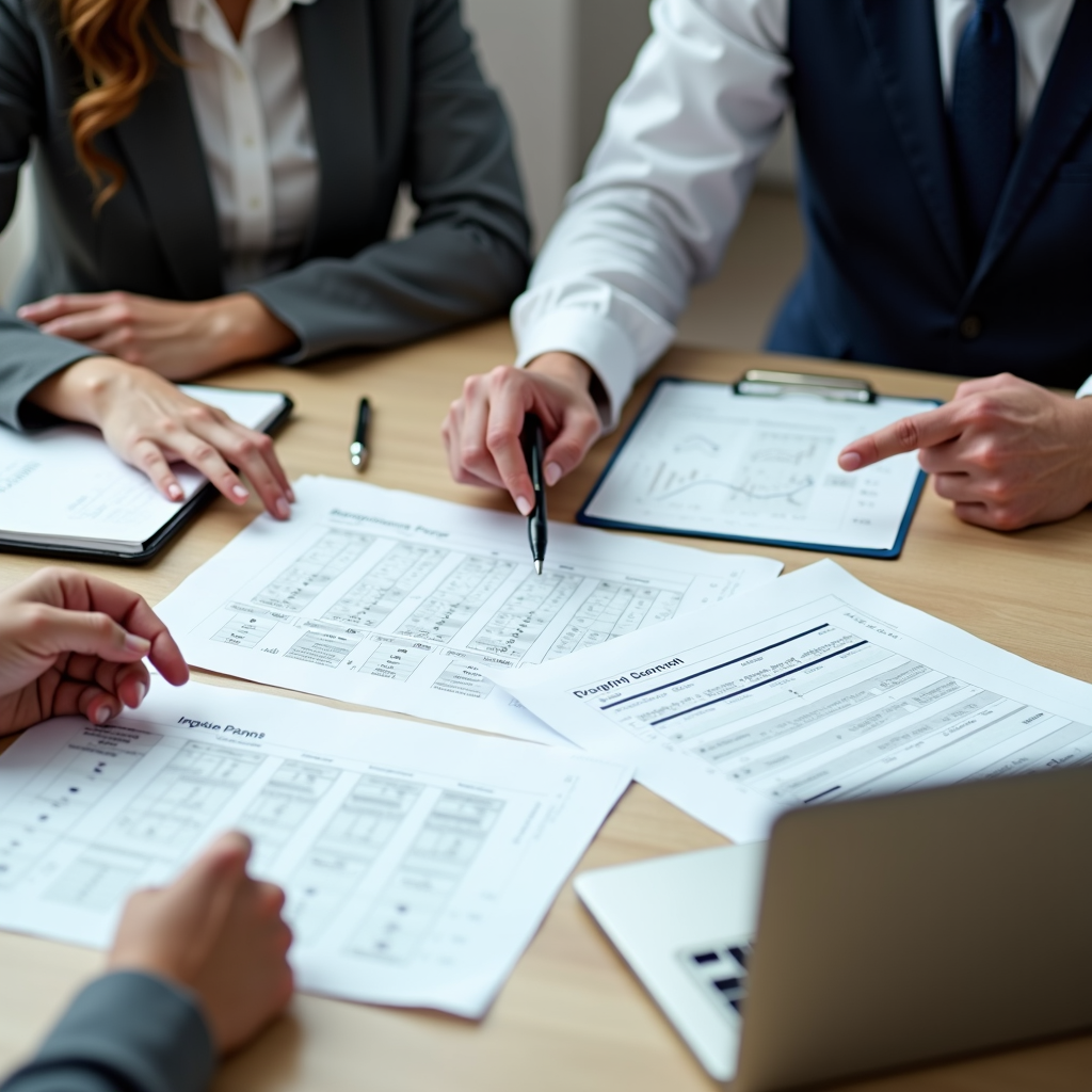 Business professionals are engaged in a discussion over strategy documents and charts spread on a table, with laptops and notepads in use.