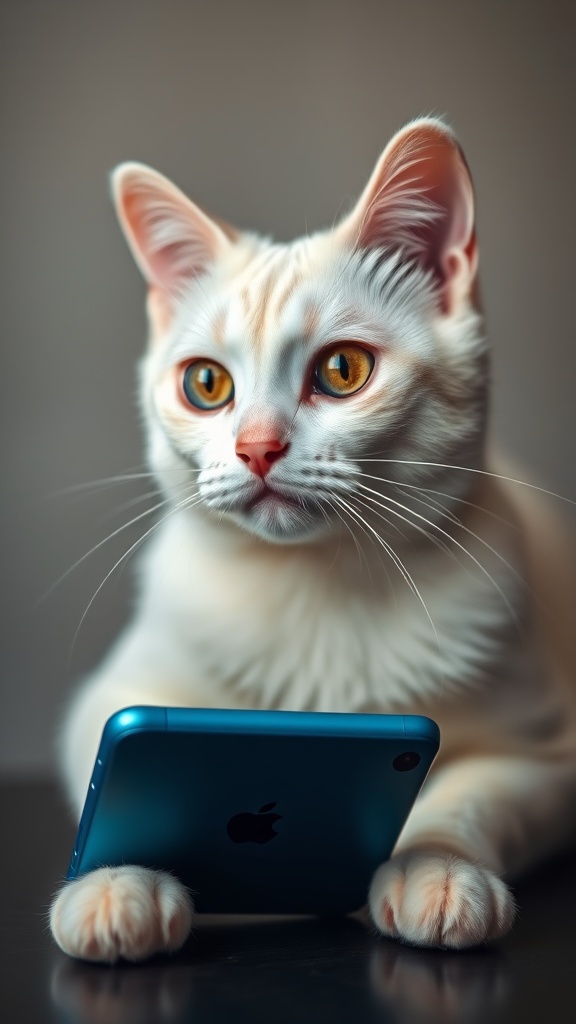 A white cat with striking orange eyes is intently looking at a blue smartphone.