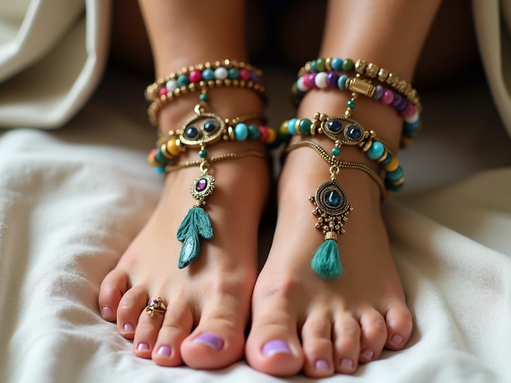 This image features a close-up view of a person's feet, showcasing an array of beautiful bohemian-style anklets and rings. The anklets are adorned with colorful beads, gemstones, and unique charms that reflect a free-spirited aesthetic. The feet are positioned on a soft, light-colored fabric that adds a gentle contrast to the vibrant colors. The attention to detail captures the intricate designs of the jewelry. This aesthetic is perfect for those interested in bohemian or artisanal fashion styles.