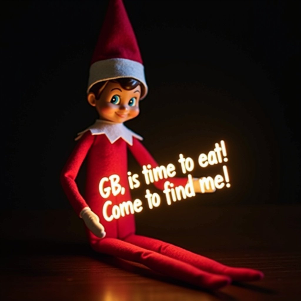 Image features an elf on the shelf character dressed in red and white attire. Elf holds a glow stick forming text that says 'GB, is time to eat! Come to find me!' Background is dark enhancing glowing text creating a festive atmosphere. Scene evokes feelings of magic and cheer during Christmas celebrations.