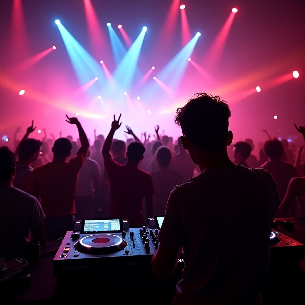 A DJ is performing at a hardcore gabber techno festival, surrounded by energetic partygoers. The atmosphere is electrifying, with colorful lasers cutting through smoke-filled air. The crowd is raving, hands raised in excitement as they enjoy the beats. The DJ, focused on the turntables, manages the sound, creating an immersive experience. Bright reds, blues, and purples wash over the scene, enhancing the vibrant nightlife ambiance.