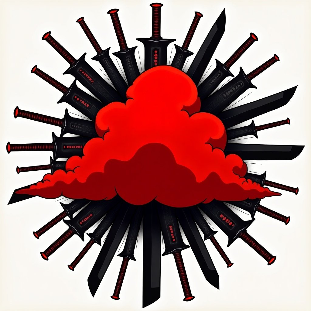 A design featuring the Akatsuki organization symbol with a red cloud. Surrounding the cloud are various weapons associated with the members. The color scheme is primarily black and red.