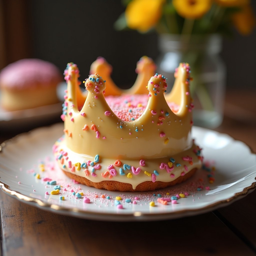 Irresistible indulgence cake shaped like a crown. Decorated with colorful sprinkles. Soft lighting and inviting atmosphere.