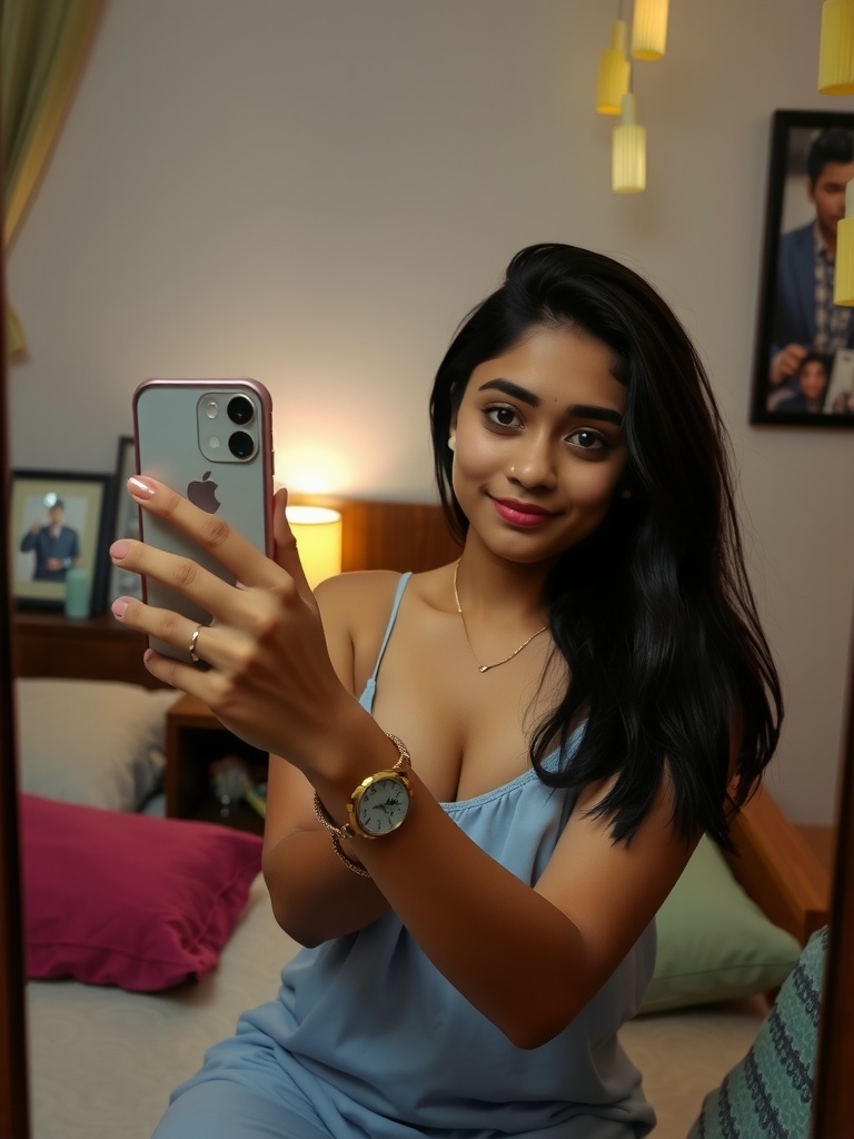 A woman taking a selfie in tranquil bedroom lighting with stylish decor.