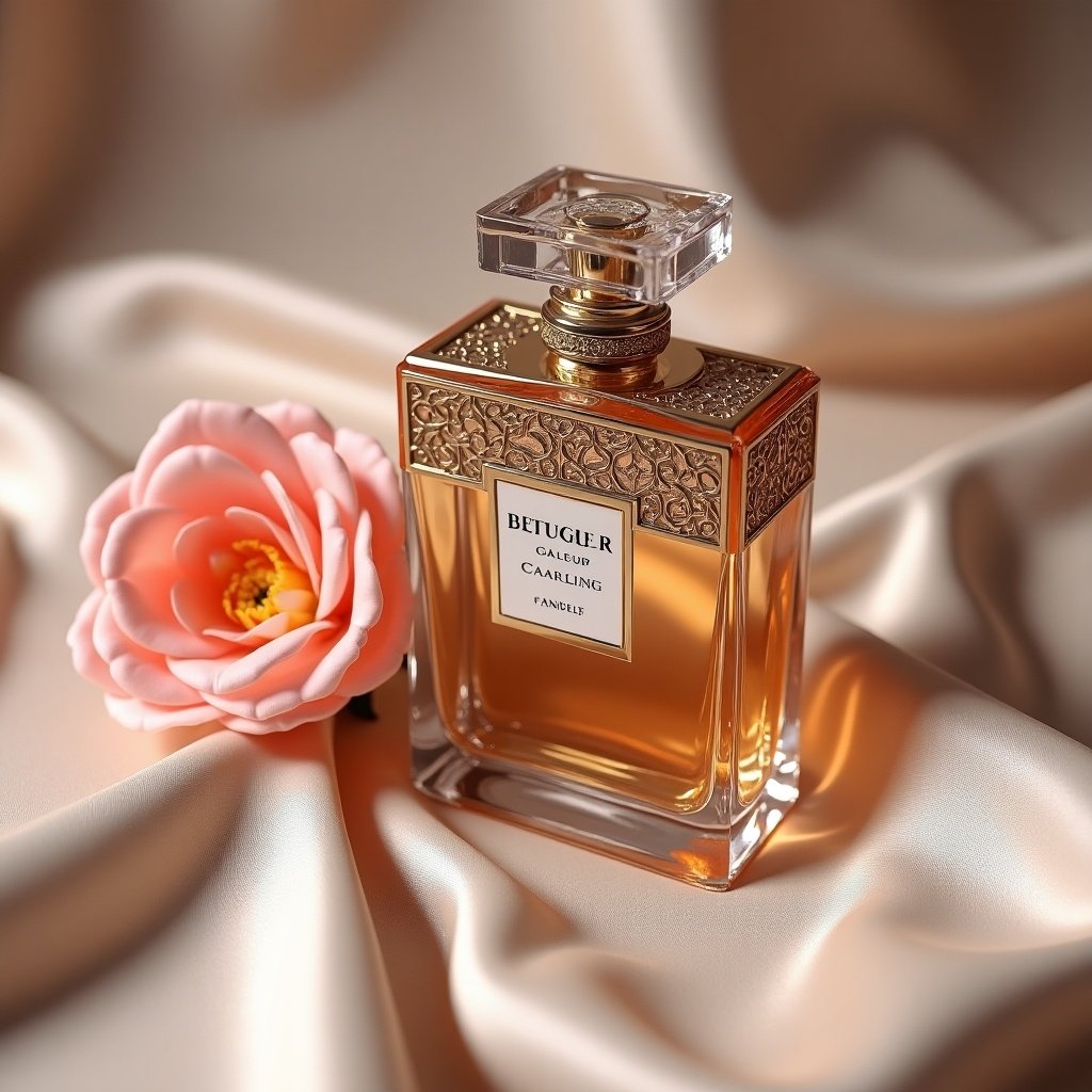 Luxurious perfume bottle with intricate design beside a soft flower on silky fabric background.