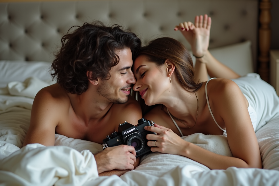 A couple lies closely on a bed, smiling affectionately while holding a camera.