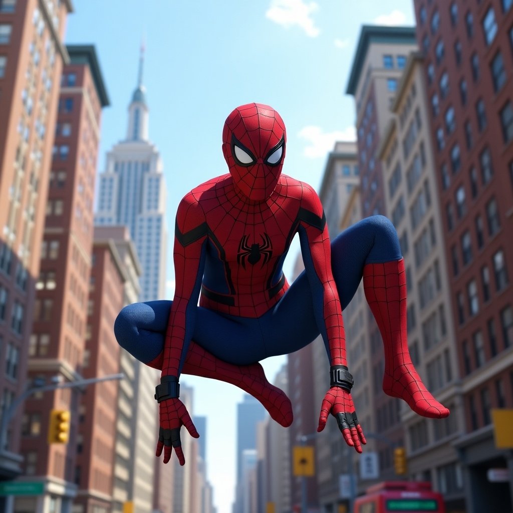 Spider-Man in action pose. Set in New York City with tall buildings in the background. Bright daylight. Spider-Man wearing a red and blue costume. A dynamic scene capturing movement in an urban environment.