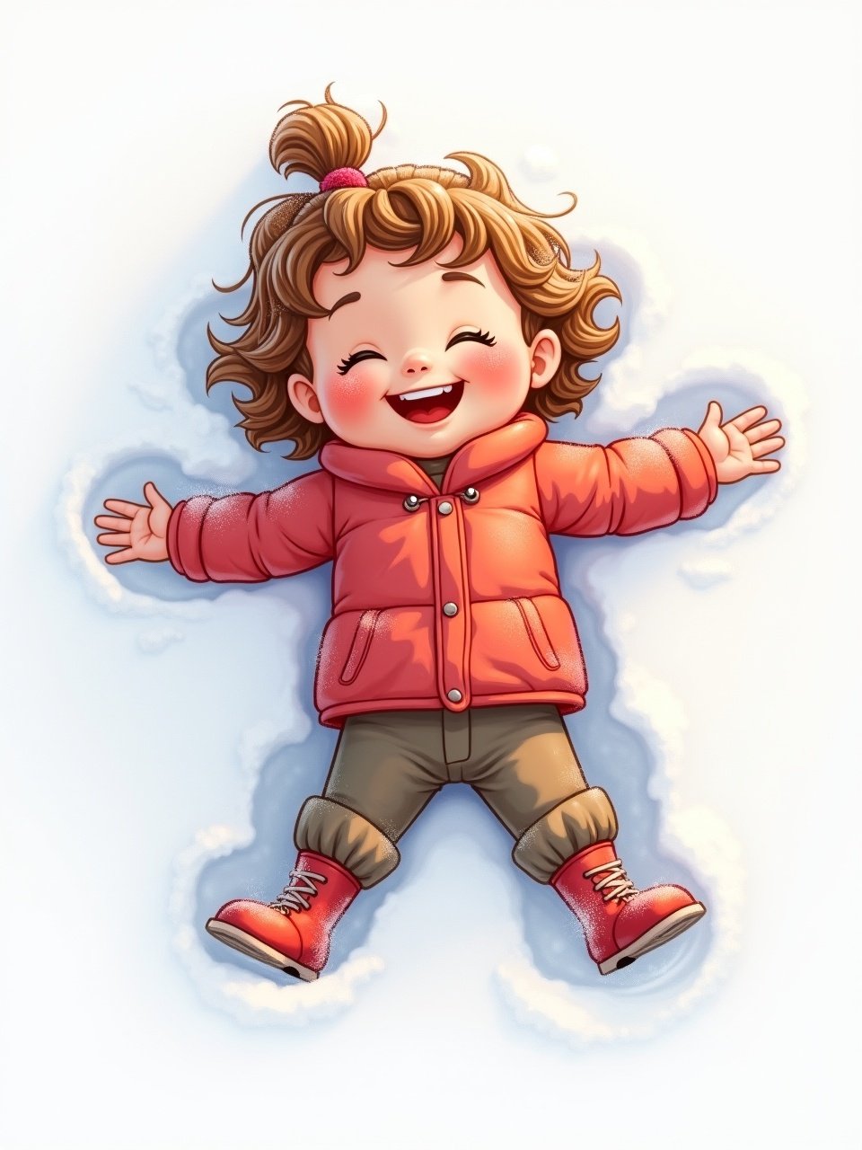 Whimsical and joyful toddler making a snow angel in white snow. The child lays back in the snow with arms outstretched, wearing a red winter coat and matching boots. The background is a clean white, enhancing the cheerful scene suggesting fun and happiness.