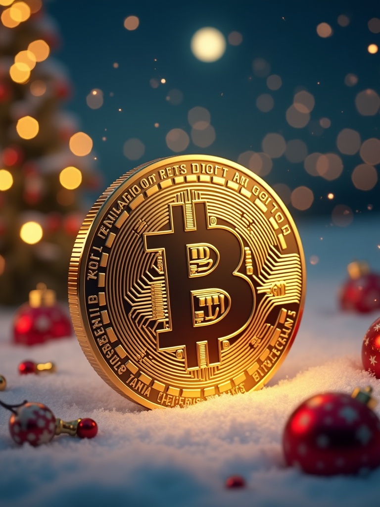 A Bitcoin token with a Christmas theme in a snowy background surrounded by Christmas ornaments and softly glowing lights. The setting is festive and bright with a warm ambiance.