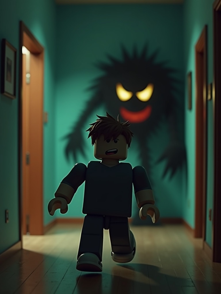 Scary image features a Roblox character running from a monster. Dark hallway with teal walls. Character looks frightened. Monster casts ominous shadow on the wall.