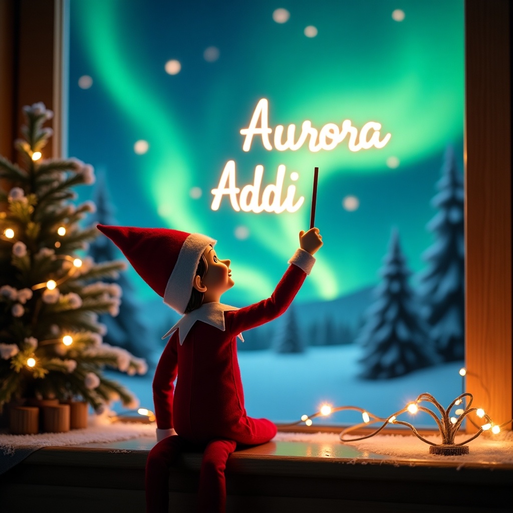 An enchanting Christmas scene featuring an elf on the shelf, who is facing the sky with his back to the viewer. The elf, dressed in red and white, wields a magic wand, writing 'Aurora' and ‘Addi’ in a glowing script above him. The backdrop is adorned with vibrant northern lights, adding a magical ambiance. The scene is festive, portraying the spirit of Christmas with a whimsical twist. The elf's position and action create a sense of wonder and excitement that captures the joy of the holiday season.