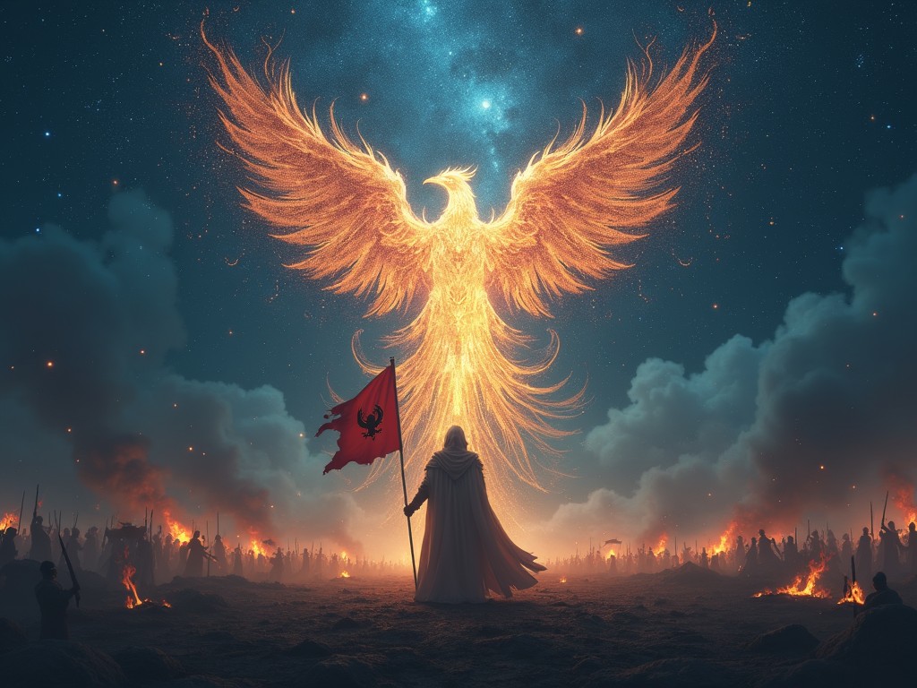 A stunning digital artwork depicting a massive, fiery phoenix illuminating the night sky with its resplendent wings. Below, a silhouetted warrior, clad in a flowing cape, stands holding a red flag adorned with a black phoenix emblem. The surrounding area is filled with soldiers amidst the rising smoke and flames of battle, evoking a scene of rebirth and hope amid chaos.