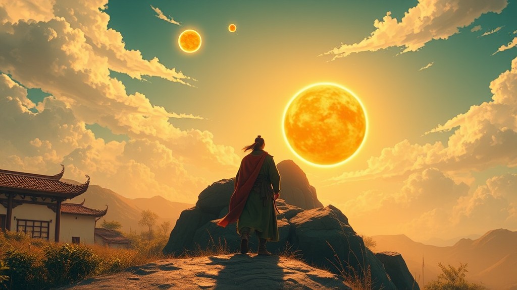 A person stands on a rock gazing at multiple suns in a vibrant sky.