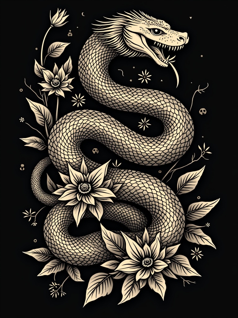 Design a woodcut illustration of a snake. The snake is entwined with gothic flowers and leaves on a black background. The style is intricate making the design suitable for a t-shirt.