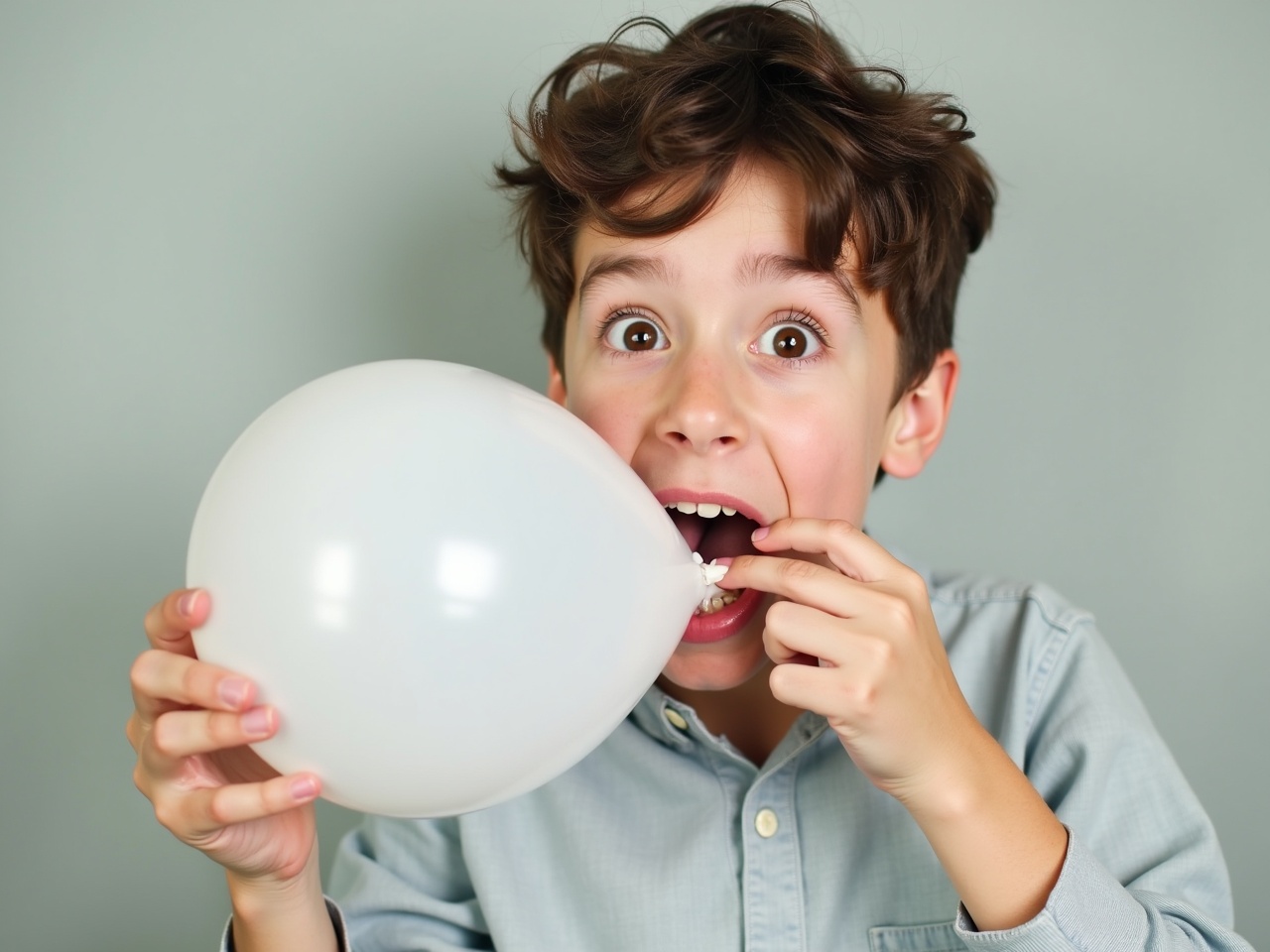 A young boy with curly hair enthusiastically bites into a white balloon. His eyes are wide with excitement, showcasing a playful and mischievous expression. He stands against a soft green backdrop, enhancing the fun vibe. The balloon appears slightly stretched as he playfully engages with it. This image captures the joy and innocence of childhood, ideal for themes surrounding celebration and play.