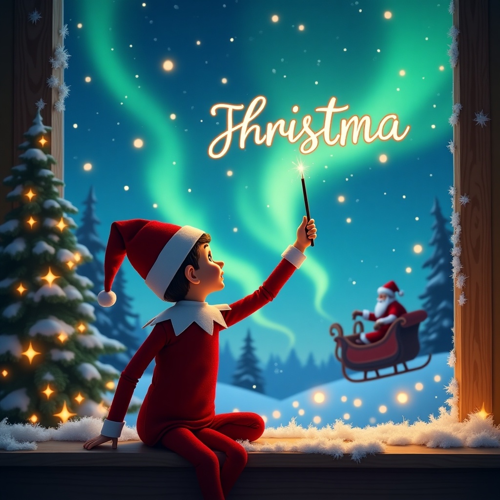 An elf on the shelf is sitting with its back turned, gazing at the starry sky. It holds a wand, creating the illusion of writing a child's name in the sky. The background features a serene Christmas landscape, complete with northern lights casting a magical glow. Santa Claus in a sleigh is depicted in the distance, adding to the festive atmosphere. Snow-covered evergreens frame the scene, enhancing the winter wonderland feel. It's a heartwarming and whimsical image, perfect for the holiday season, filled with joy and imagination.