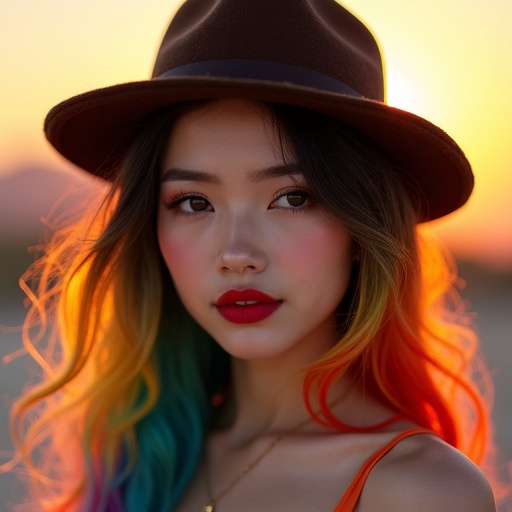 Portrait of a gorgeous Asian girl with soft red lips and stylish long messy rainbow hair. She is wearing a fancy hat. The background features a beautiful sunset. The image is realistic with intricate details and sharp focus. The composition highlights her beauty.