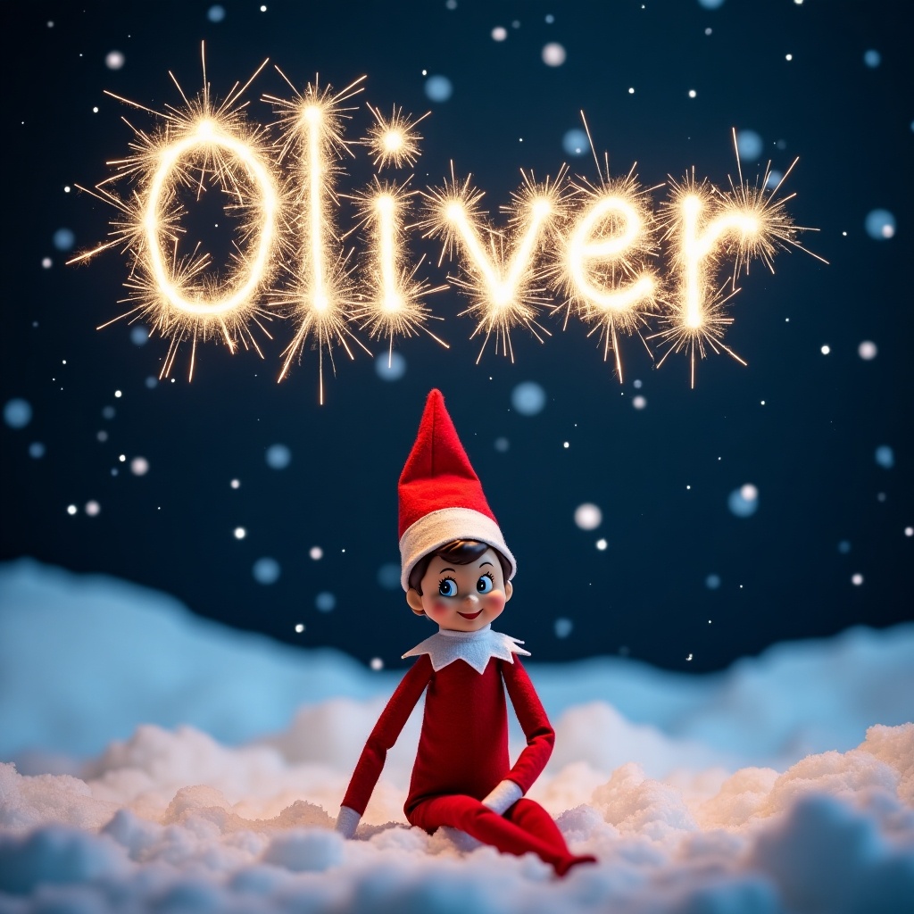 This image features an Elf on the Shelf named Oliver sitting on a snowy surface at night. The background is dark, accentuating the twinkling effect of snowflakes. Above Oliver, the name 'Oliver' is creatively written in sparkling sparklers. The scene captures the essence of holiday magic with a whimsical touch. The elf is dressed in the classic red outfit and has a cheerful expression. The surrounding snowy landscape enhances the festive atmosphere, making it perfect for holiday imagery.