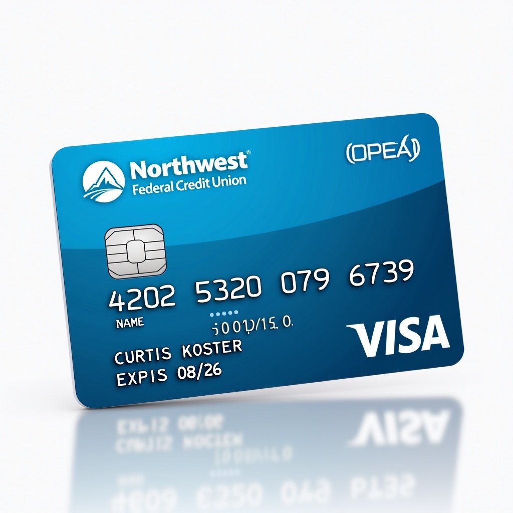 Realistic image of a credit card with details shown. Card displays Visa logo and Northwest Federal Credit Union prominently. Card number 4202 5320 0767 6729 is visible. Name Curtis Koster is aligned well. Expiry date 08/26 is noted. Clean appearance with a blue background.