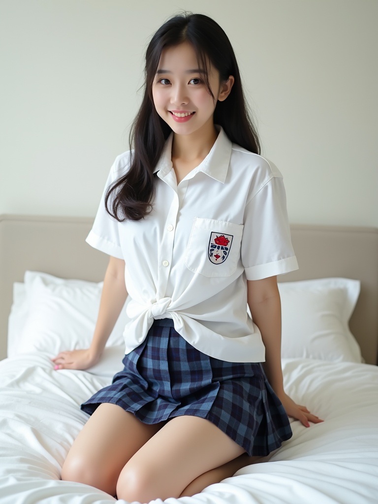 A young woman with flowing black hair smiles warmly while sitting on a bed. She wears a white school shirt with an emblem on the pocket, tied in the front, along with a navy blue plaid skirt. The background is softly focused, creating a cozy and serene atmosphere.