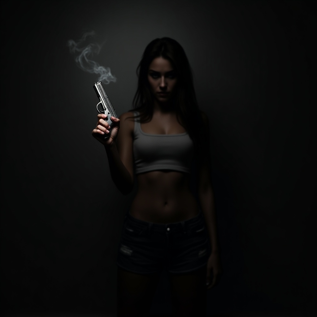 This image features a realistic portrayal of a female figure holding a smoking gun. She is positioned in a dark setting, with most of her body obscured by shadows. The focus is on her hand gripping the gun, which emits a thin trail of smoke. The lighting is dramatic, enhancing the sense of mystery and tension. The minimalistic background emphasizes the intensity of the scene. The overall atmosphere evokes themes of danger and empowerment.