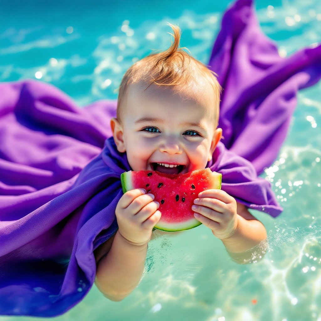 Cheerful baby wearing purple cape elevated above Caribbean Sea joyfully eating slice of watermelon