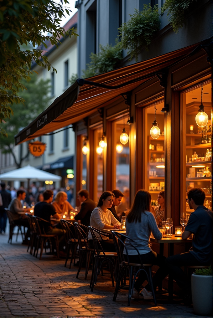 People enjoy an evening at a cozy sidewalk café with glowing lights and warm ambiance.