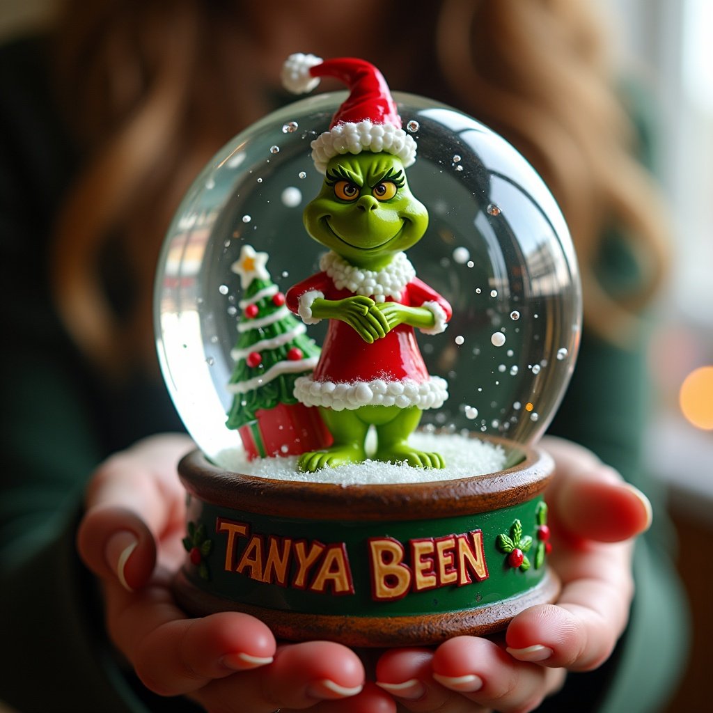 Christmas snow globe with the name Tanya Been held by a green, Grinch character in a festive outfit. Soft white snow inside the globe, displaying a small tree.