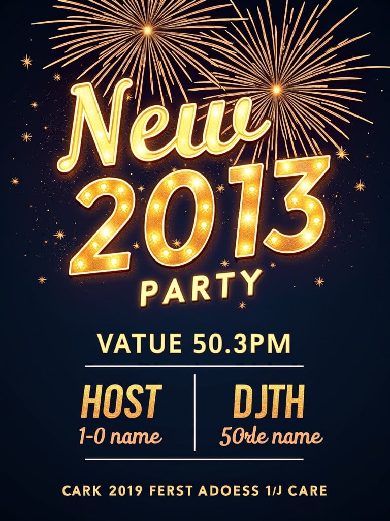 New Year's party invitation designed with gold text and fireworks background. Main title reads 'New 2013 Party'. Includes venue details and time of the event. Two placeholders for photos of the host and DJ with their names.