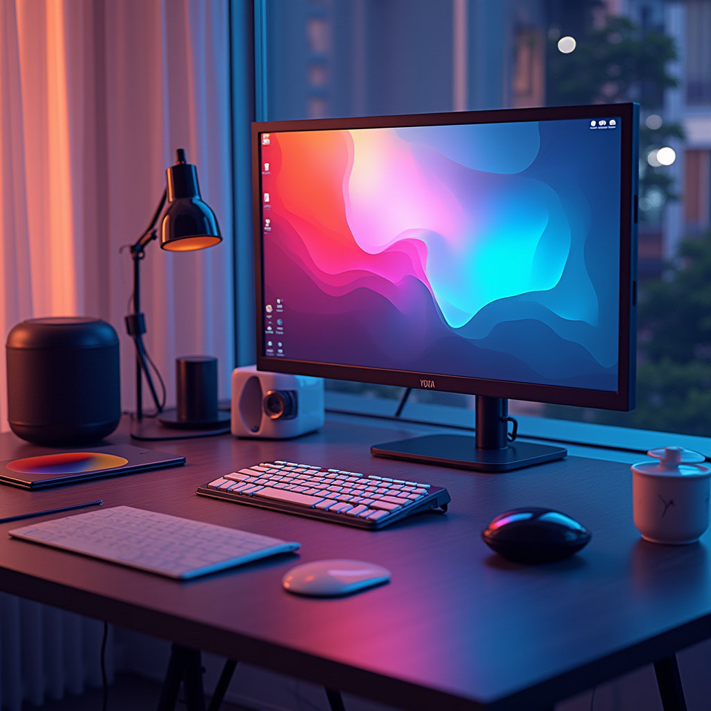 The image showcases a modern and stylish desk setup with a computer monitor displaying a vibrant and abstract multicolored wallpaper in shades of blue, pink, and orange. The lighting of the room is set to match these colors, creating a warm, ambient glow. The desk also features a sleek keyboard and mouse, a lamp with a classic design, a cylindrical speaker, and a mobile device with a colorful screen nearby. Outside the window next to the desk, there appears to be an urban landscape with a few lights visible, indicating it might be evening or nighttime.