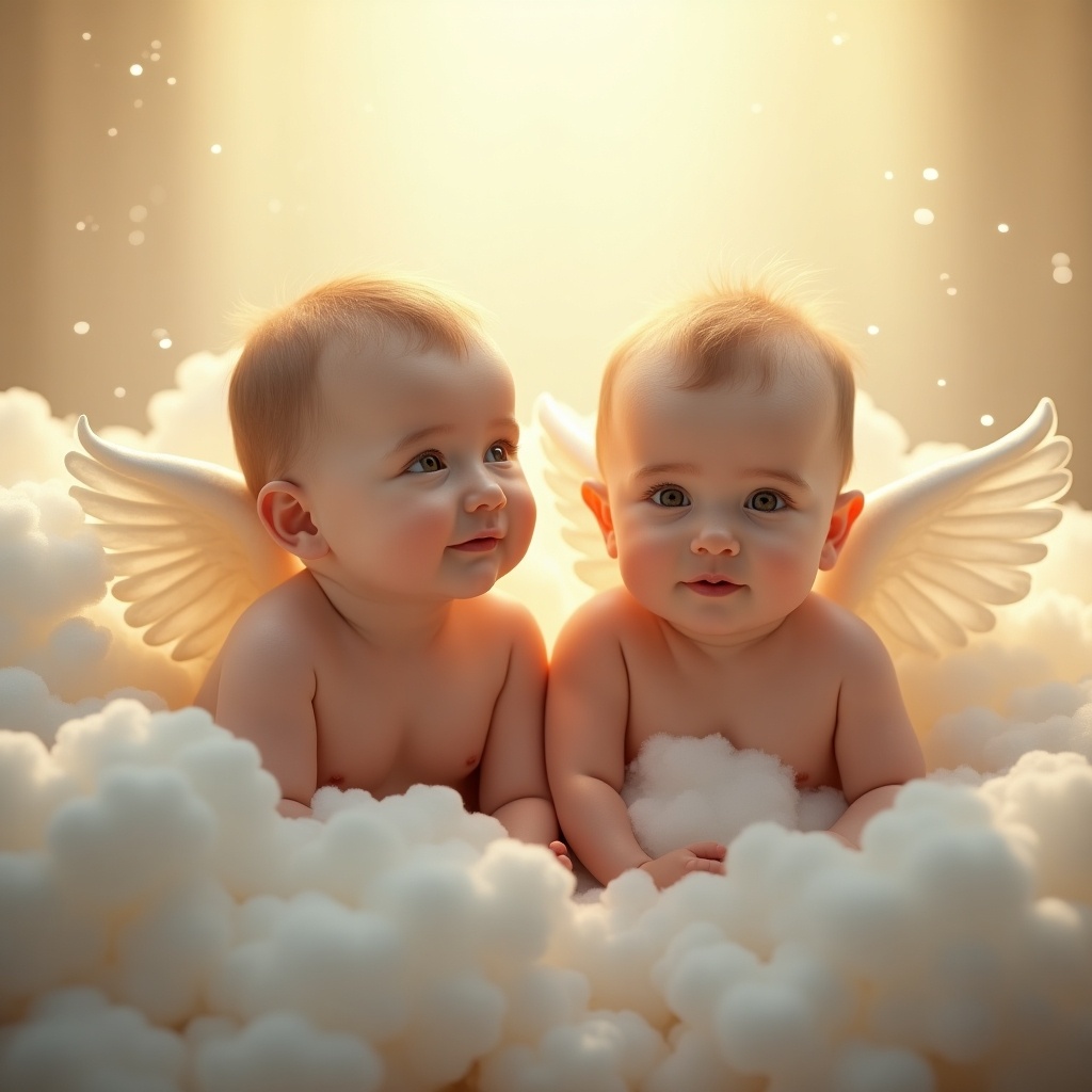 This image features two adorable baby boys, named Luke and James, depicted as angelic figures. They have small white wings and are surrounded by fluffy clouds. The soft, warm lighting enhances the ethereal quality of the scene. Their expressions are joyful and innocent, contributing to the overall whimsy. The image is perfect for representing innocence and purity, creating a heavenly atmosphere.