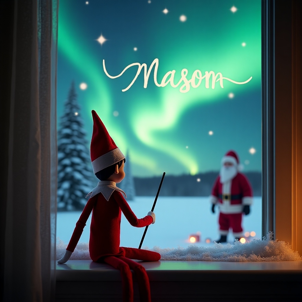 The image depicts an Elf on the Shelf seated on a windowsill, facing away from the viewer. The elf holds a wand and seems to be writing 'Mason' in the sparkling night sky. Behind him, the enchanting northern lights stretch across the sky, creating a magical atmosphere. The scene reflects a cozy, festive Christmas setting, with a hint of Santa in the background. Snow covers the ground and adds to the winter wonderland vibe.