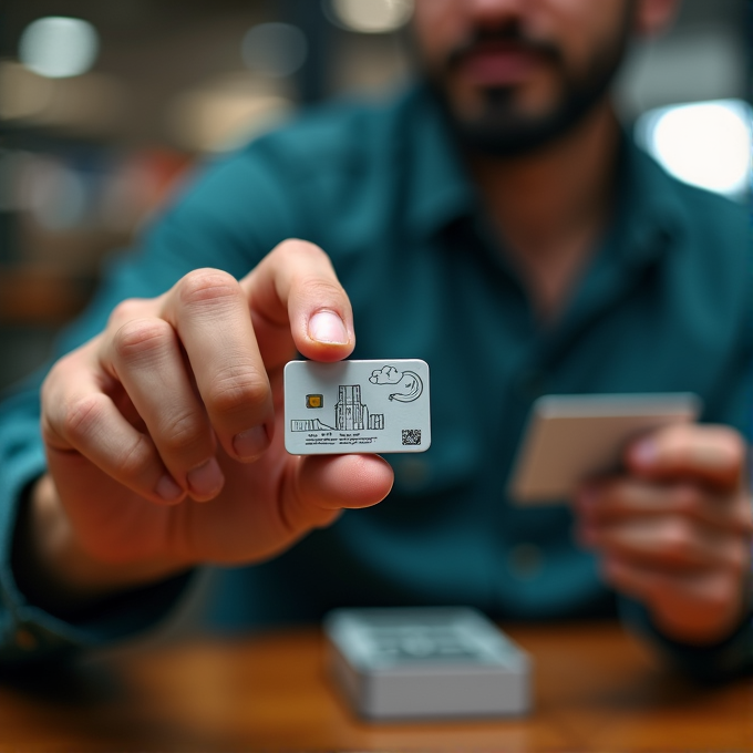 A man is holding a small card with detailed markings and a chip.