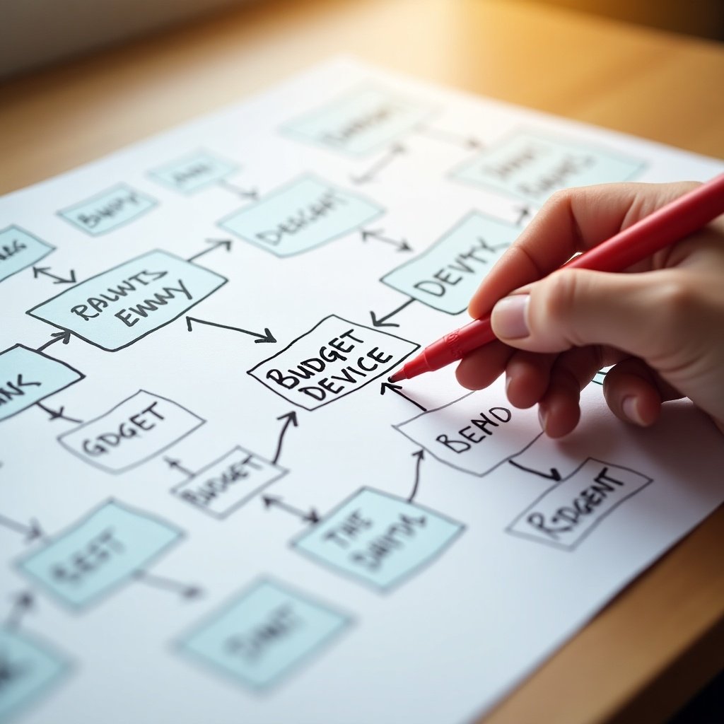 Detailed flowchart on paper with handwritten notes. Hand holding red marker points to box labeled 'Budget Device.' Various branches represent budgeting ideas and processes. Warm natural light illuminates paper on wooden surface. Creative brainstorming session showcasing organized thoughts.