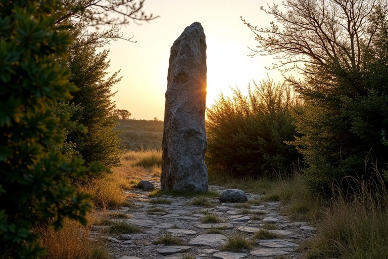 Menhir about two meters high made of dark granite. Dense tall shrubs surround the menhir. Ground in front stony and sparsely overgrown. Scene is in southern France. Evening light of early spring day illuminates the dark stone.