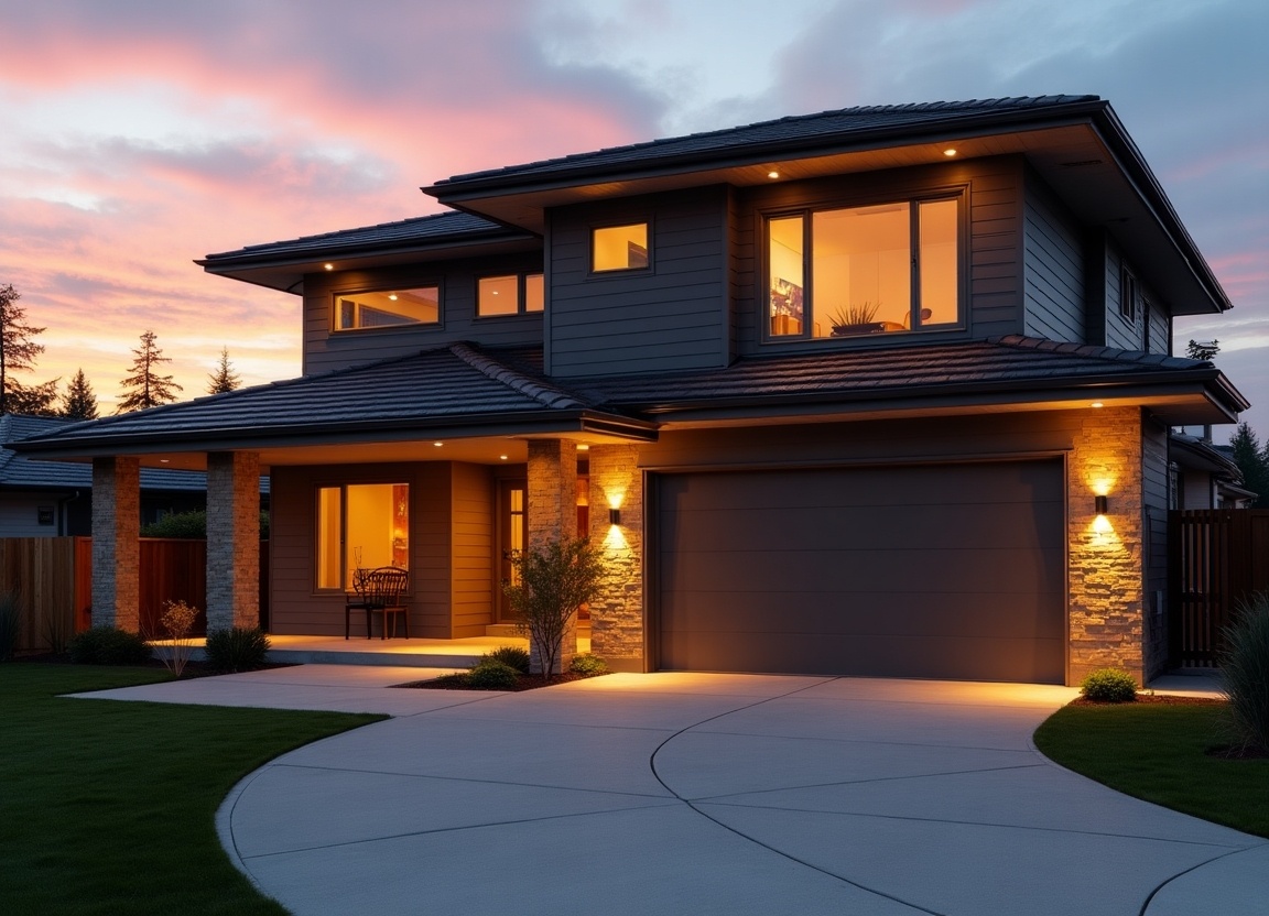 This image showcases a beautifully designed modern home during sunset. The house features a sleek architecture with a two-car garage and a smooth driveway. Warm lighting highlights the front entrance and enhances the inviting atmosphere. The earthy neutral colors complement the serene outdoor setting. The well-manicured landscaping adds to the home's appeal, making it a stunning example of contemporary residential design.