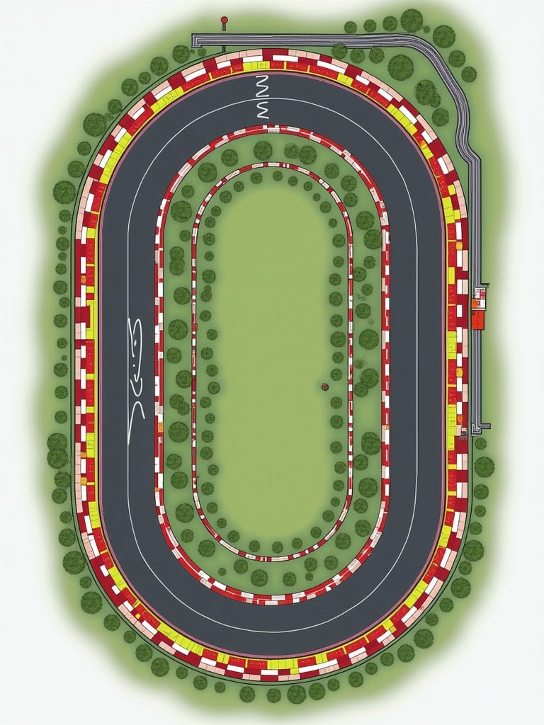 Detailed layout of a race track with three main straights. The track features a 2km main straight, a 2km straight, and a 1km curved straight. It has 23 corners and 2 hairpins, designed for anti-clockwise direction. Vibrant colors clearly mark sections. Emphasis on straights and curves for competitive racing events.