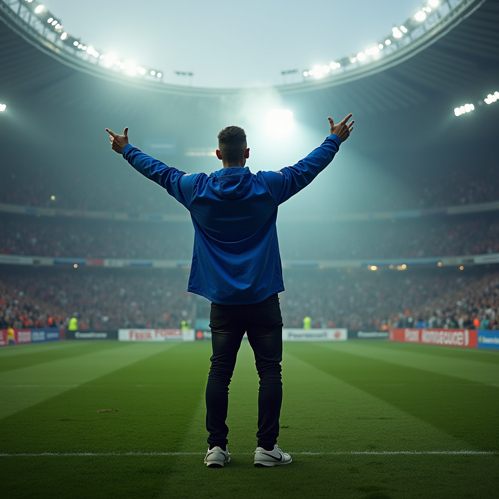 A person stands triumphantly on a football field, arms raised, amidst a cheering crowd in a brightly lit stadium.