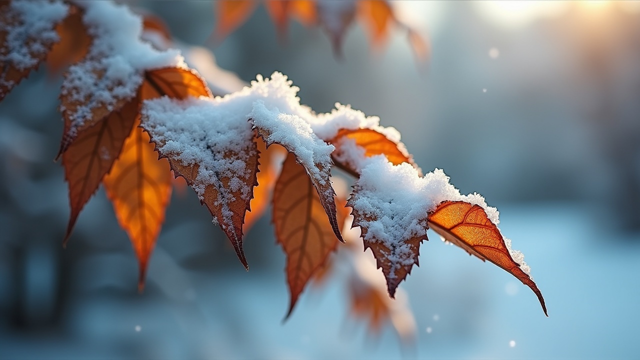 This image features a stunning close-up of dry leaves that are covered with a delicate layer of snow. The warm orange tones of the leaves contrast beautifully with the white snow, creating a serene and picturesque scene. Soft light bathes the leaves, enhancing their colors and giving the entire composition a calming effect. In the background, light snow is gently falling, contributing to the peaceful winter atmosphere. This realistic photograph embodies the quiet beauty of nature during the transition from autumn to winter.