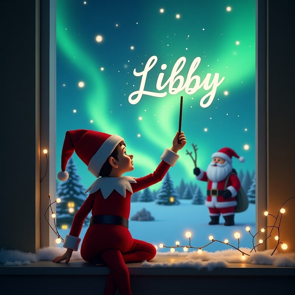 An elf on the shelf is seen from behind, looking up towards the sky. He is using a wand to write the name 'Libby' in sparkling letters across the night sky. The background features a stunning view of the northern lights, illuminating the snowy landscape. In the distance, Santa Claus can be seen walking with a bag of presents, adding to the festive atmosphere. The window is decorated with twinkling lights and a cozy holiday feel. This creates a magical Christmas scene that captivates the viewer's imagination.