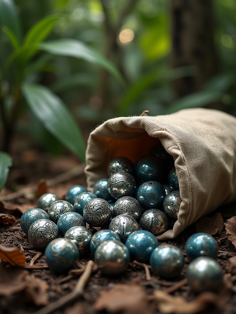 Hyper-realistic round marbles made of sterling silver with etched Polynesian tattoo patterns spill from a worn light brown patchwork canvas sack. The scene depicts a forest floor in the Amazon jungle with lush greenery and scattered leaves.