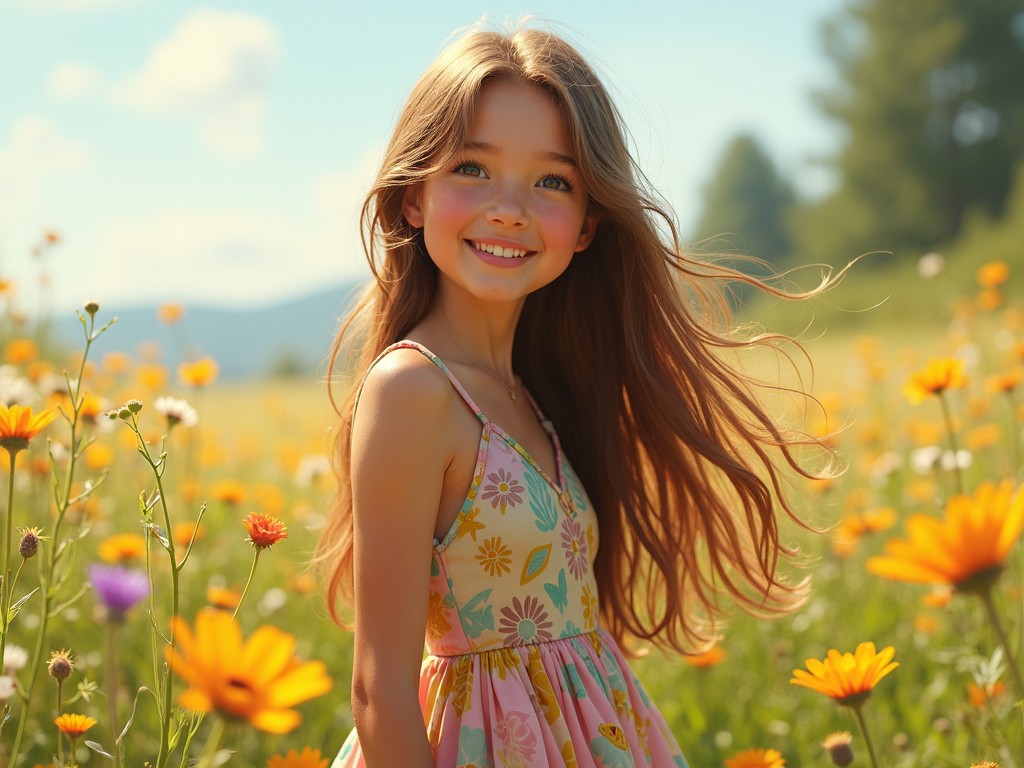 The image features a young girl with long, flowing hair standing amidst a vibrant field of wildflowers. She is smiling brightly, embodying a sense of carefree happiness. The backdrop consists of a clear blue sky with soft, out-of-focus trees, enhancing the summery, joyful atmosphere.