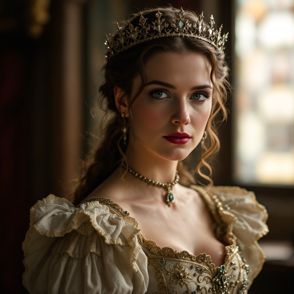 A regal figure wearing an ornate crown and elegant attire. The setting has a historical ambiance with warm lighting. The focus is on the crown and clothing, with a soft background.