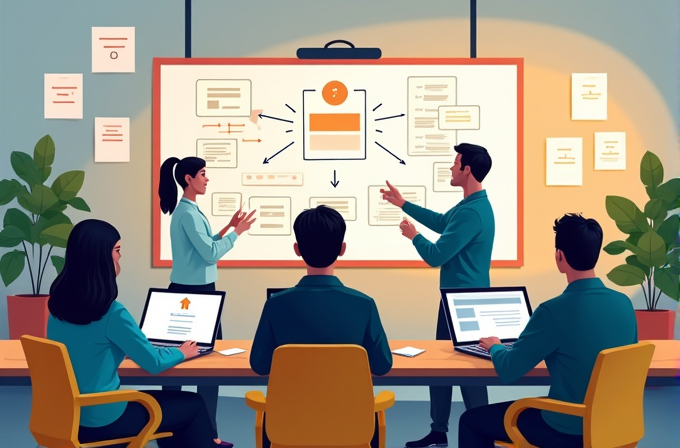 Five professionals are gathered in a modern office, engaging in a discussion over a complex flowchart on a whiteboard.