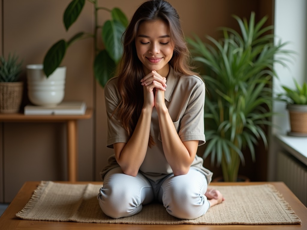 A young woman sits in a relaxed cross-legged pose on a woven mat, her hands clasped together in front of her. She seems peaceful and content, surrounded by lush indoor plants that add a natural element to the indoor setting. The soft lighting highlights her gentle expression and creates a calming atmosphere.